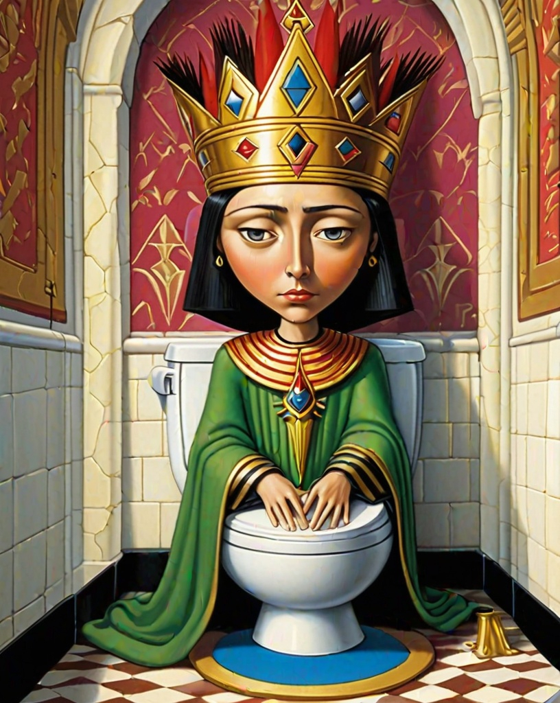 Prompt: will-o'-the-wispering Hysterical sartorial pharaoh Princess is on a toilet, in the style of pj crook, emotionally charged, mike mayhew, insanity, nonsense, #vfxfriday, richard scarry, stark and unfilteredthe will-o'-the-wisp tim burton