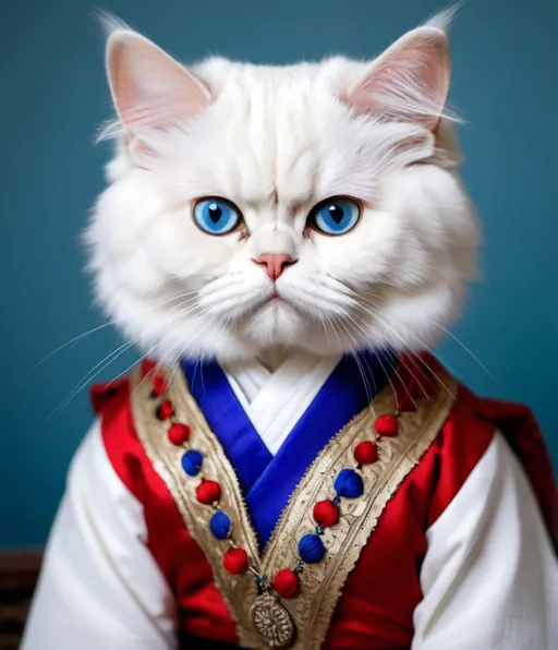 Prompt: Ferrotype photo of anthropomorphic red-point white persian cat with blue eyes, traditional ancient Persian clothes, tiny turban, cute and kawaii, bronzepunk 
