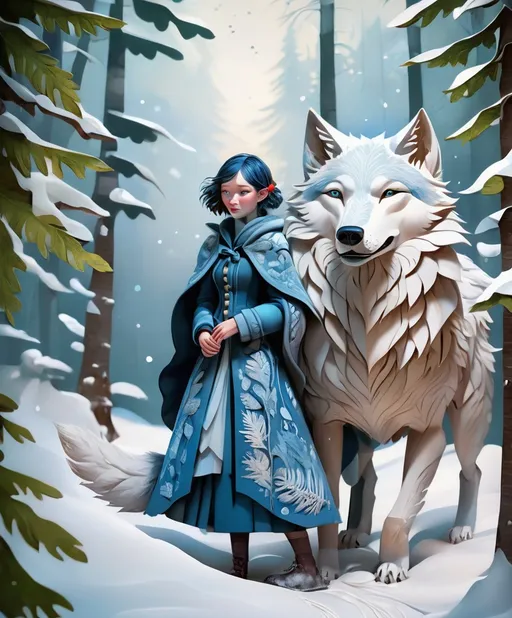 Prompt: the patchwork girl and the Big Winter wolf. paper cutout, washi paper, cardboard relief, detailed, fern leaves, Snow, by artgerm, Megan duncanson, James Jean, shaun tan, gekidan inu curry, madoka magica, by kay nielsen, embossing fairy tale, whimsical, trending on artstation. Super clear resolution, elegant beautiful, lovely, best quality, beautifully lit, vray tracing, gradient chrome Blue