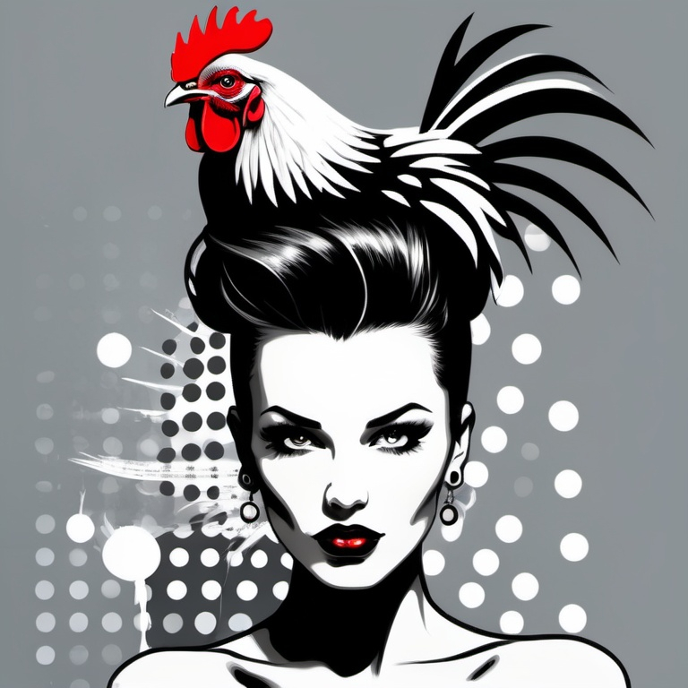 Prompt: Polka dot punk pin up lady with a metaphorical chicken mohawk, blended hrafitti artwork, sketched, photorealistic Poster art 