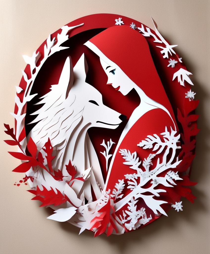 Prompt: The beautiful Red Riding Hood is in love with the Big white Winter wolf. paper cutout, washi paper, cardboard relief, detailed, fern leaves, Snow, by artgerm, Megan duncanson, James Jean, shaun tan, madoka magica, by kay nielsen, embossing fairy tale, whimsical, trending on artstation. Super clear resolution, elegant beautiful, lovely, best quality, beautifully lit, vray tracing