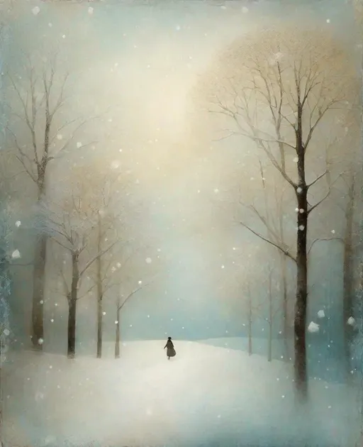 Prompt: Mixed media textured painting of a beautiful snow scene, ethereal looking, soft and painterly, neutral muted colors, bluish, inspired by Catrin Welz - Stein