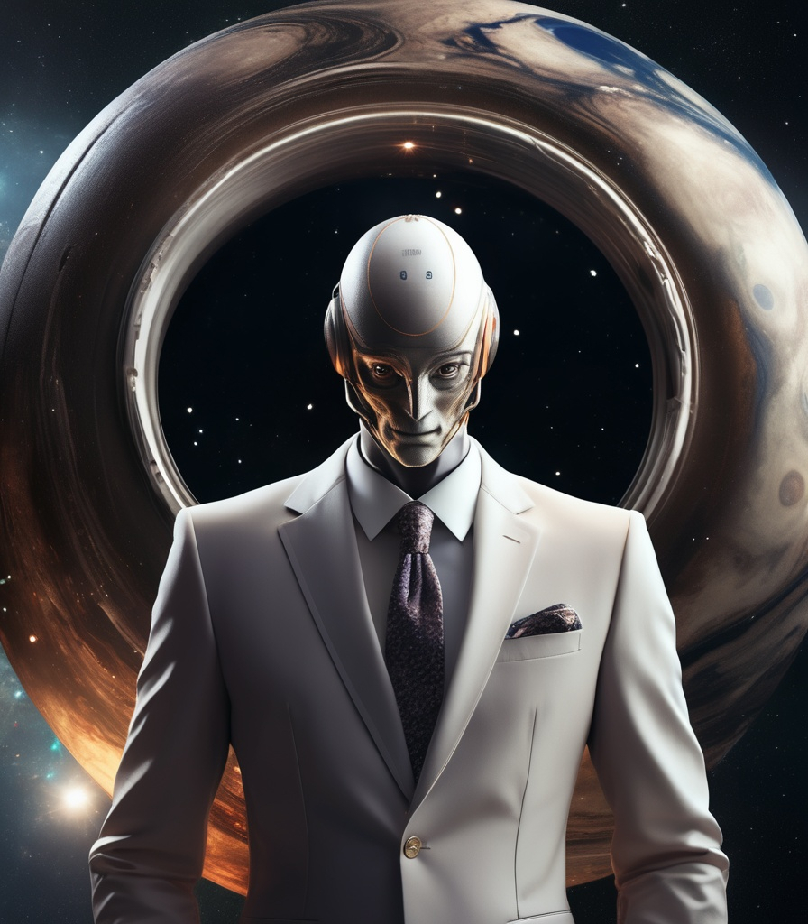 Prompt: a heliocentric humanoid with a head made of the planet Saturn, orbiting planets around head, rings, cosmic background, hyperrealistic, wearing a suit, dynamic cinematic composition, full profile