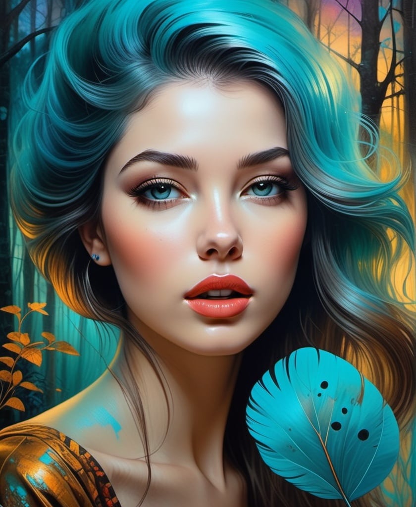 Prompt: The beautiful darling young lady with blowing hair art by Vladimir Tretchikoff, Yossi Kotler, Molly Harrison. Gritty patina texture, gradient luminous inking colors, Dreamy atmosphere, twilight sky, Whimsical forest background, Extremely detailed, intricate, beautiful. 
