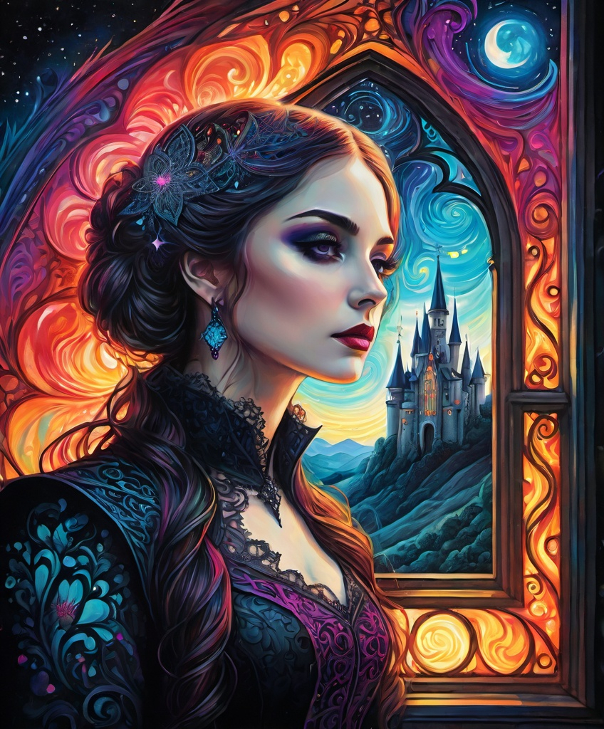 Prompt: a zentangle ferrotype portrait of In a gothic galaxy castle a vampire gazes through a window at the ethereal magic layers swirling in the vivid rainbow solar night in the style of Melanie Delon,  Victoria Francés, Rebeca Saray, Lin Fengmian, Anna dittmann, Justin Gaffrey, Michael Creese