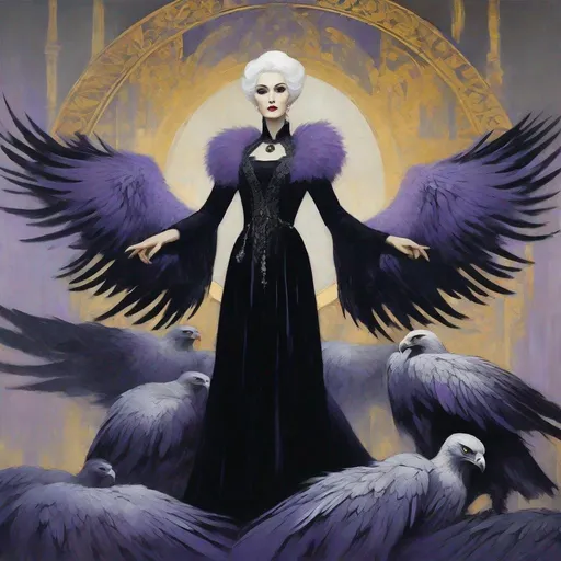 Prompt: Use style of Kees van Dongen, Omar Galliani, Maciej Kuciara, Sue Reno: Dim lighting, Gloomy atmosphere, Gothic pale woman with dark silver hair and violet eyes, surrounded by a circular formation of nine realistic, solemn big eagles with detailed feathers. The woman is centered and wears a long lace black dress with a high neck and long sleeves. Her attire includes an intricate golden embroidery with an elaborate design. The background is a smooth, dark gradient with subtle golden elements that echo the top arch of a halo or ornate frame.