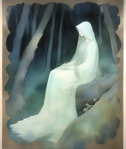 Prompt: A beautiful ghostly lady , she is broken hearted and surrounded by a doom and gloomy forest landscape, Loose and impressionistic watercolor picture, using patina and discoloration of metal surface, In the style of Carlos Schwabe, Susan Seddon Boulet, Edouard Vuillard. 3/4 body shoot, elegant extremely detailed intricate beautiful award winning fantastic view high definition crisp quality
