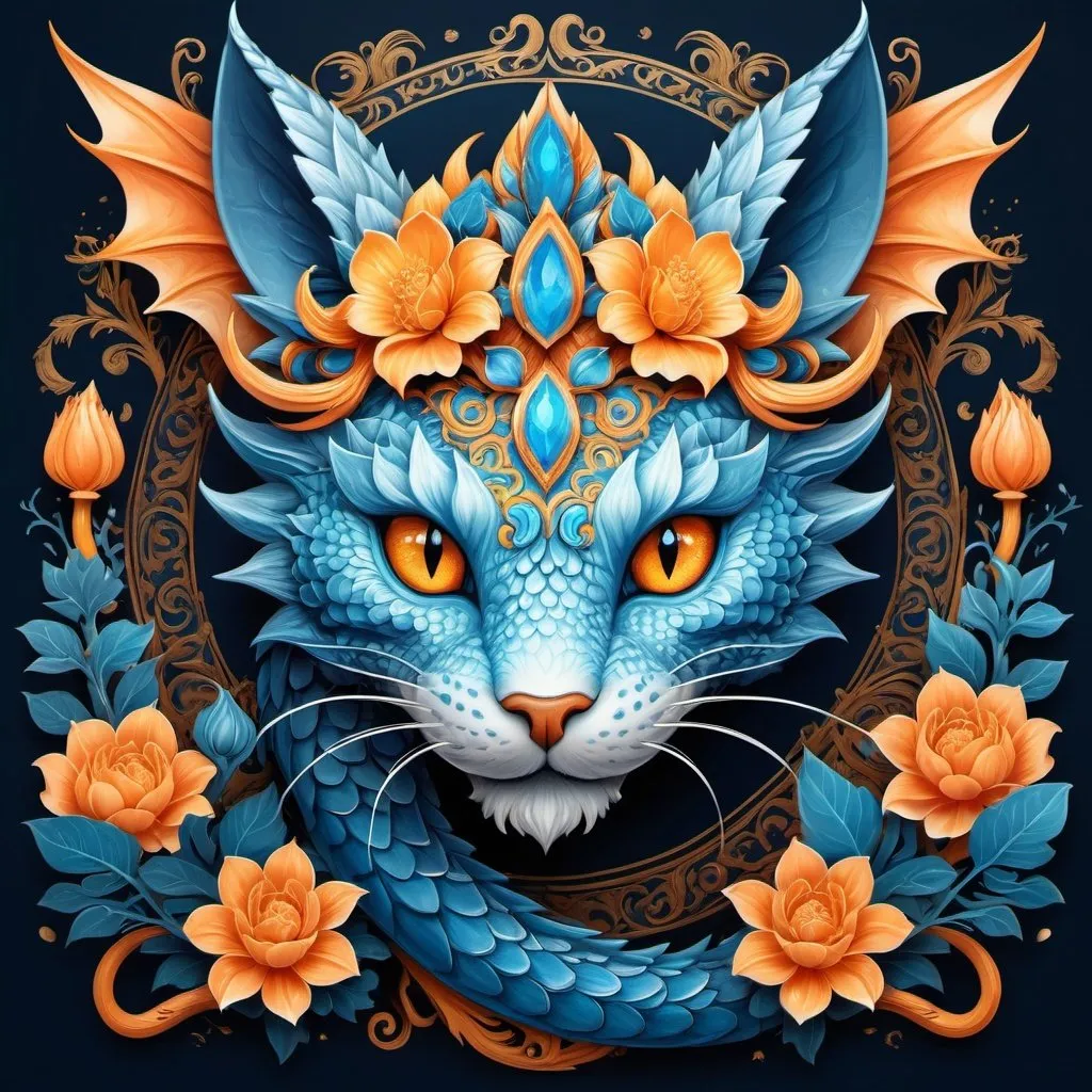 Prompt: loong dragon kitty head drawing by rydel, in the style of baroque ornate and dramatic compositions, dark sky-blue and light orange, detailed flora and fauna, organic biomorphic forms, detailed character design, victor nizovtsev, detailed background elements 