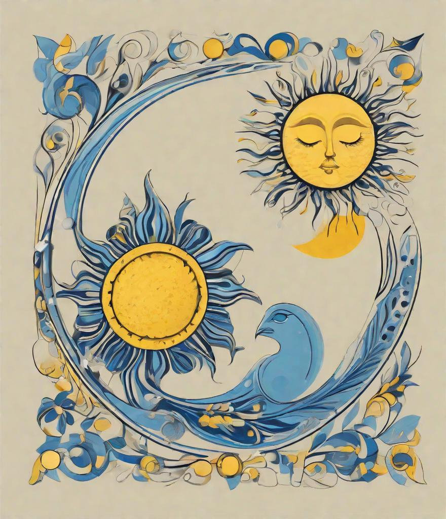 Prompt: Sun & Moon goddesses, hot vs cold, Danish design, simple lines, yellow sun, blue moon 