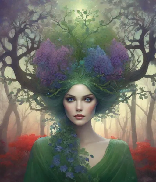 Prompt: anthropomorphic green tree girl, with blue and purple flowers, wild red branches grow from her head like a hair, grey eyes concept art by Glen Orbik, Ida Rentoul Outhwaite , tom bagshaw, Millie Marotta, Jackie Morris, Javier Mariscal, Jane Newland, whimsical forest background , magical night, surreal dreamlike portrait, fantasy, imaginative, beautiful, colorful, extremely detailed, intricate, lovely, award winning fantastic