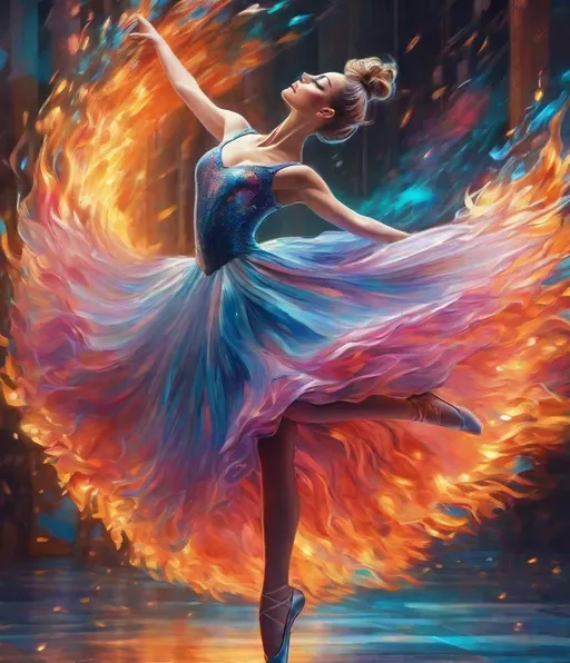 Prompt: gorgeous ballerina with flaming ice skirt, by painter fefe karol, in the style of dreamy portraits, seapunk, urban emotions, dynamic geodesic swirling musical notes whirling , surrealism, beautiful, breathtaking, striking, luminescence, 3D effect, vibrant colors, 4k, beautifully poignant, delicate pastel colors, high detailed 