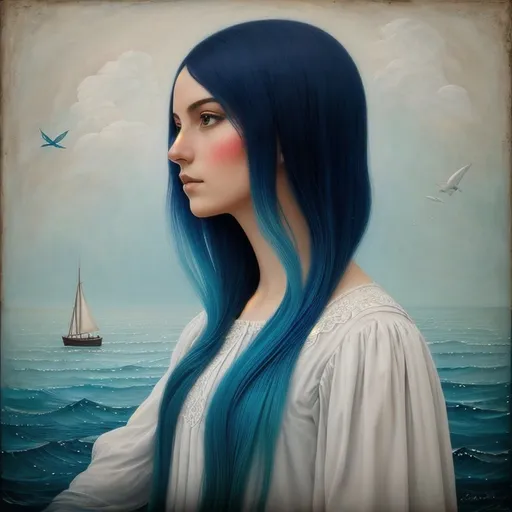 Prompt: In style of christian Schloe and daria Petrilli, profile portrait of a a beautiful young lady with a very long and wild  ombre gradient blue hair that flows like a sea and there are sailing boats and fishes in it. Double exposure, Naive art, extremely detailed, optical illusion, oil painting 