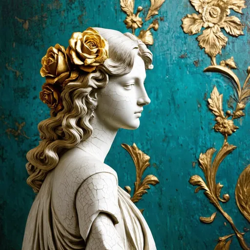 Prompt: A side view of a classical female figure with detailed golden curls and roses entwined in her hair, against a textured patina teal background with golden floral embossed patterns. Her expression is serene and contemplative, with porcelain-like skin showing delicate crackle texture, reminiscent of a Renaissance painting.