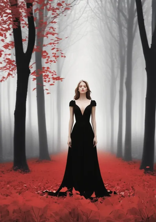 Prompt: A beautiful young lady, beautiful face, wearing black dress, a ghostly forest of white trees with red leaves background, god rays through the tees, rim lighting, foggy bleak mood art by Rebeca Saray, Michael Creese, Frank Cadogan Cowper, Yves Saint-Laurent, Thomas Edwin Mostyn, Hiro isono, James Wilson Morrice, Axel Scheffler, Gerhard Richter, pol Ledent, Robert Ryman. Guache Impasto and volumetric lighting. Mixed media, elegant, intricate, beautiful, award winning, fantastic view, 4K 3D, high definition, hdr, focused, 