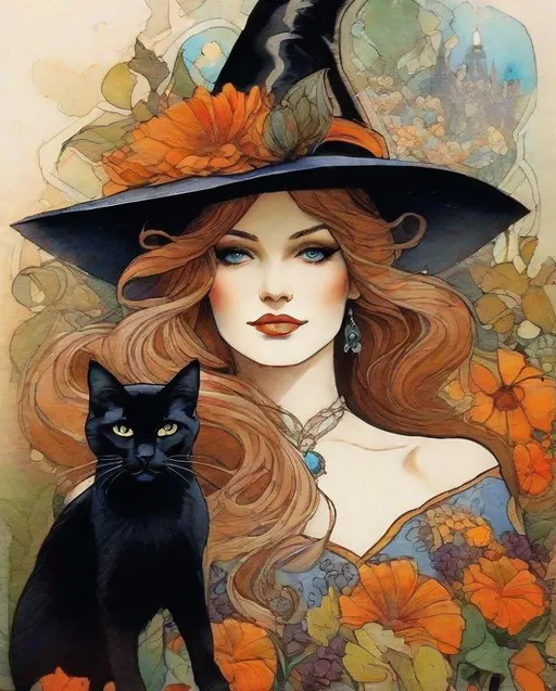 Prompt: A mesmerizing witch with pretty face and beautiful green eyes surrounded by magical flowers and her black cat art by Saturno Butto, Leon Bakst, Marc Allante, Charles Robinson, pol Ledent. inlay, watercolors and ink, beautiful, fantastic view, extremely detailed, intricate, best quality, highest definition, rich colours. intricate beautiful, award winning fantastic view ultra detailed, 3D high definition