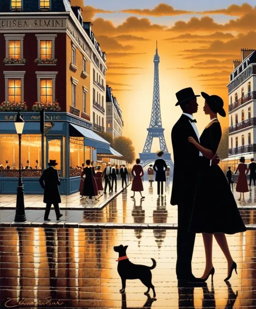 Prompt: art by Charles Wysocki, gait evening romance sounds of music in Paris