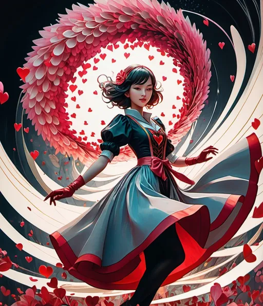 Prompt: girls dancing around the queen of hearts. swirling pink petals. Android Jones, Japanese Art, James Jean, Erin Hanson, Anna Dittmann, watercolor, natural lighting, volumetric lighting maximalist, photo illustration 32k resolution concept art intricately detailed, complex, elegant, expansive, fantastical, golden ratio principles, haunted, glass sculpture, madoka magica, honeycomb patterns, concept art by makoto shinkai, conrad roset, autochrome, 8k resolution, highest quality, arthur rackham, watercolor wet inkwash, artstation, 