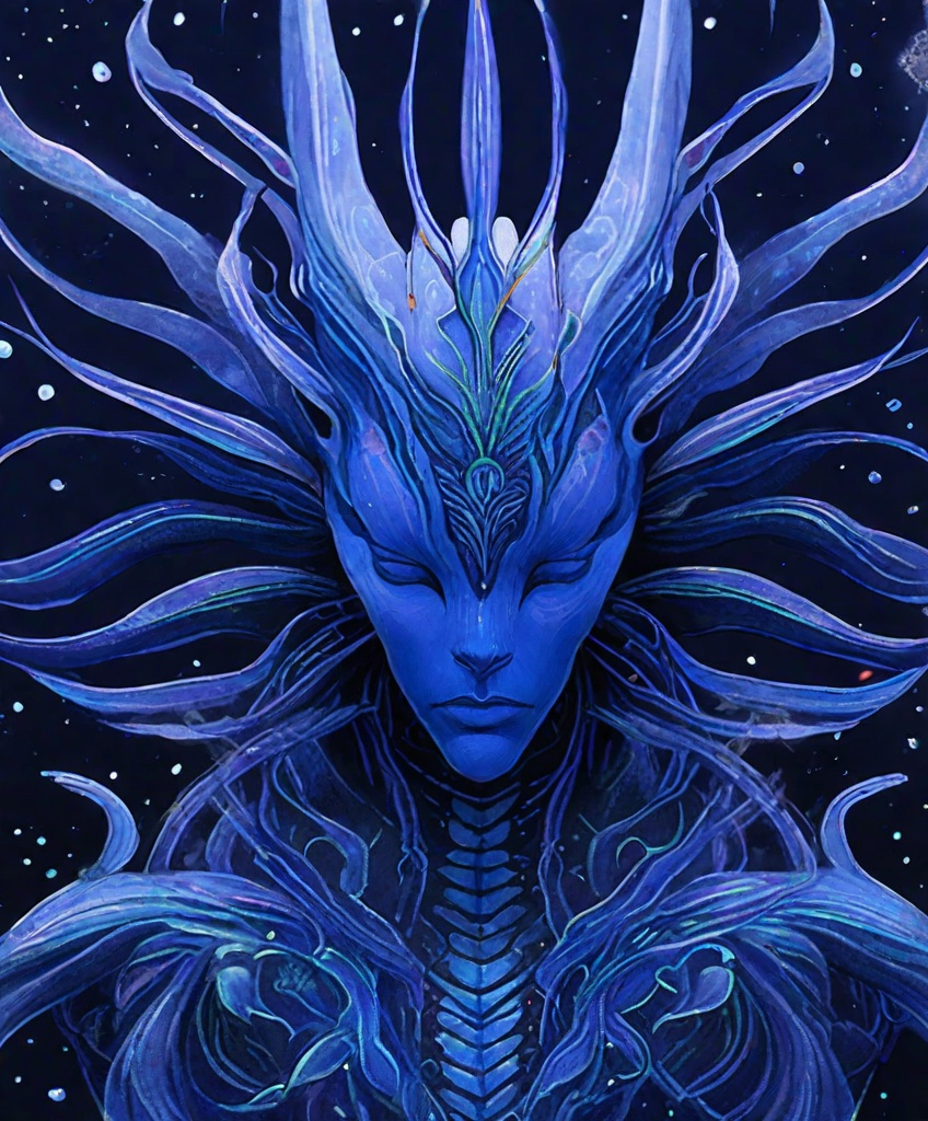 Prompt: indigo alien queen, inhale the lung veins, outside anatomy, skin tendril hives 