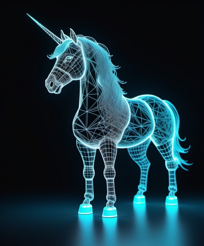 Prompt: vaporwave wireframe hologram of a unicorn 