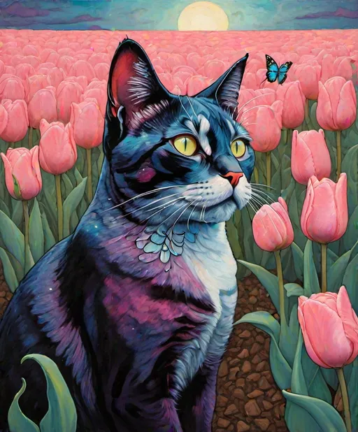 Prompt: Luminous encaustic texture, gradient bold crossed colors, an expressive beautiful cat profile looking up with a butterfly perched in its nose, in a field of tea rose tulips, piercing odd colored eyes, twilight sky, Marc Johns, Javier Mariscal, Henry Moret.