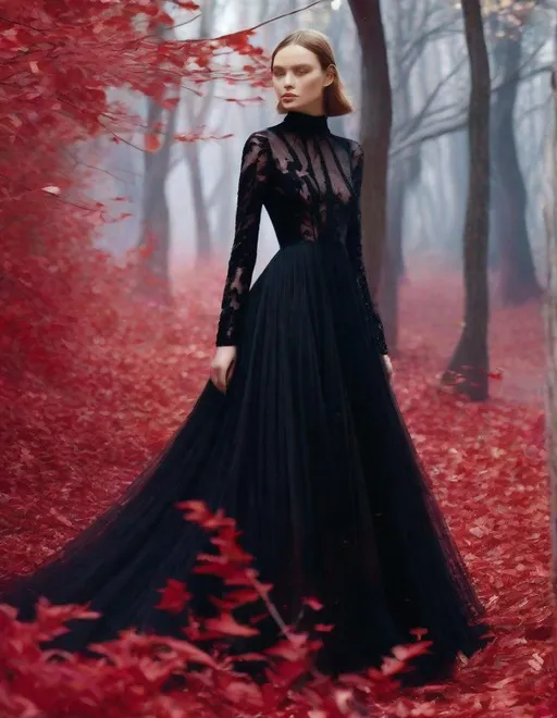 Prompt: A beautiful young lady, beautiful face, wearing opalescent black dress in a ghostly forest of white stem trees with red leaves, god rays through the tees, rim lighting, art by Mariano Vivanco,  Yves Saint-Laurent, Paolo Roversi, Thomas Edwin Mostyn, Hiro isono, James Wilson Morrice, Axel Scheffler, Gerhard Richter, pol Ledent, Robert Ryman. Guache Impasto and volumetric lighting. 3/4 portrait, Mixed media, elegant, intricate, beautiful, award winning, fantastic view, 4K 3D, high definition, hdr, focused, iridescent watercolor and ink