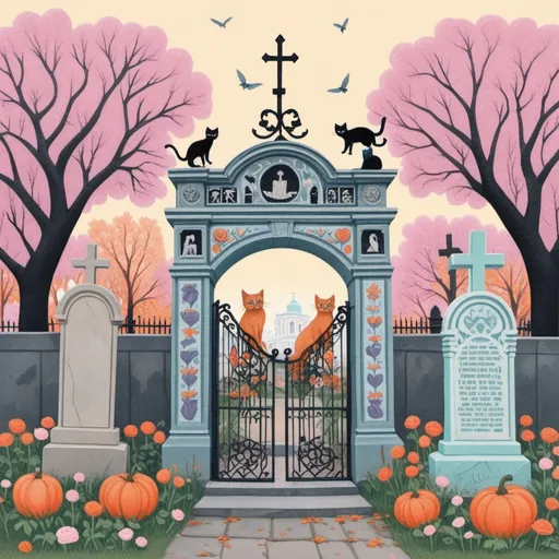 Prompt: Cemeteries gate in Bucharest with cats chasing rats among tombstones, in the style of chalcedony folk art-inspired illustrations, bold patterned quilts, pastel colours, bloomcore, mixes painting and ceramics, precise, detailed architecture paintings, cute and dreamy, illustration by Olivia Gibbs, Victoria Ball, ugly sweater patchwork