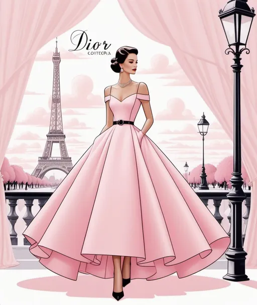Prompt: illustration dior sartorial elegance, in the style of light pink and pink, doug hyde, bloomcore, vignettes of paris, large canvas sizes, rodel gonzalez, golden age aesthetics, single line art illustration, sparse and simple, y2k, adorable clipart, white background