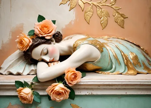 Prompt: sleeping ballerina in old patina rough plaster wall, painted apricot-colored roses, gold leaf decorations, mezzo tint, soft aesthetic 