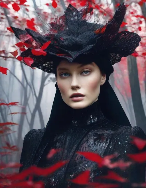 Prompt: A beautiful young lady, beautiful face, wearing opalescent black dress in a ghostly forest of white stem trees with red leaves, god rays through the tees, rim lighting, art by Mariano Vivanco,  Yves Saint-Laurent, Paolo Roversi, Thomas Edwin Mostyn, Hiro isono, James Wilson Morrice, Axel Scheffler, Gerhard Richter, pol Ledent, Robert Ryman. Guache Impasto and volumetric lighting. 3/4 portrait, Mixed media, elegant, intricate, beautiful, award winning, fantastic view, 4K 3D, high definition, hdr, focused, iridescent watercolor and ink