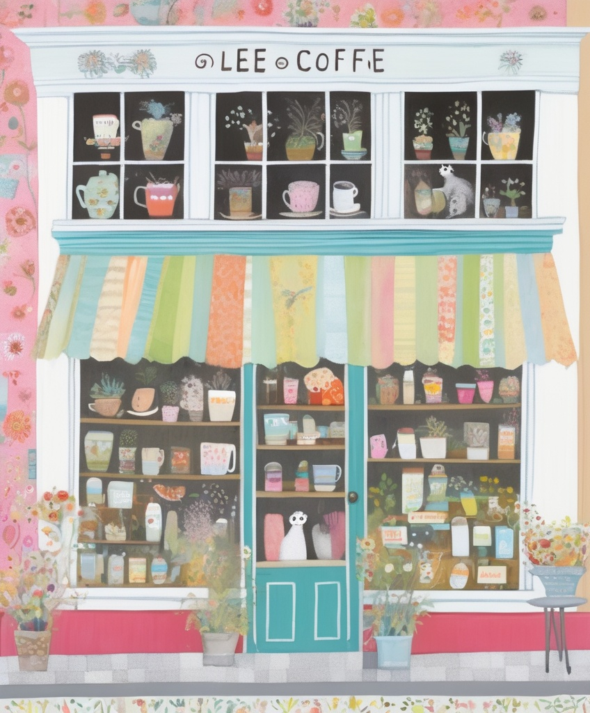 Prompt: a painting shows a lemur coffee shop , in the style of lucy grossmith and victoria ball, colorful patchwork, chic illustrations, bright spring colors, floralpunk, windows vista, use of fabric