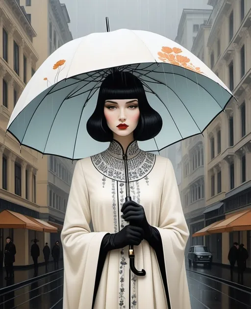 Prompt: illustration of a pretty young lady holding an umbrella, in the style of surrealist-inspired works, gothic neo-pop surrealism, Hayv Kahraman, Troy Brooks, Ryo Takemasa, Lotta Jansdotter, intricate colorful flowers in a. vienna secession off white and black, raining day, metropolis tall buildings background, intricate flowers, jewelry by painters and sculptors, elegant, emotives faces, goth fashion, subtle playfulness