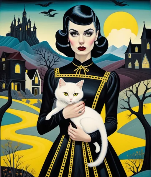 Prompt: Ghostly eccentric young lady, Rockabilly fashion hair style, wearing a strange asymmetrical black dress with white random stitches, holding a creepy cute yellow cat, Vladimir Tretchikoff, Kees van Dongen, Ruben Ireland, Paolo Uccello, a gothic dreamy landscape background by Sam Chivers, piercing odd colored eyes