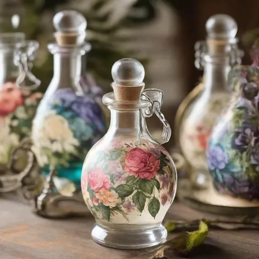 Prompt: potion bottles with elegant floral decoupage detailing