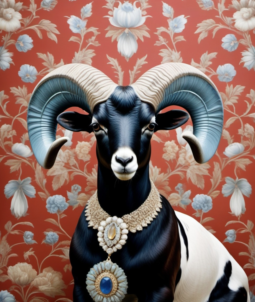 Prompt: Gorgeous Princess Aries ram Chalcedony punk, delft wallpaper in background