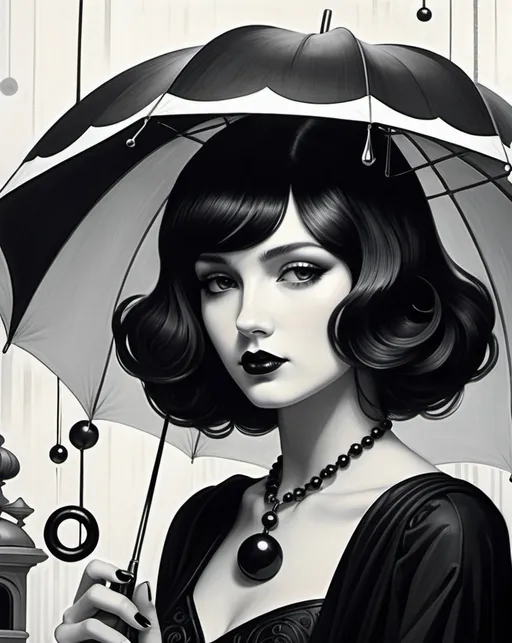 Prompt: illustration of girl with an umbrella, in the style of surrealist-inspired works, dark white and black, jewelry by painters and sculptors, vienna secession, elegant, emotive faces, bubble goth, subtle playfulness 
