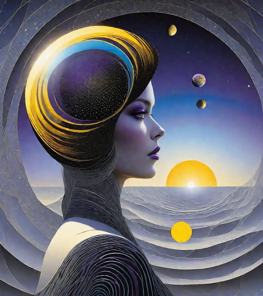 Prompt: **surrealistic illustration of a female watching the heliocentric setting sun, gray, yellow and blue, purple, black 