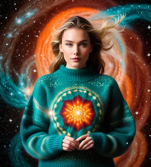 Prompt: She is a celestial demiurge knitting circle knitting into existence Jupiter's atmosphere made of knitted ugly sweater, macro Hubble photography double-exposure 