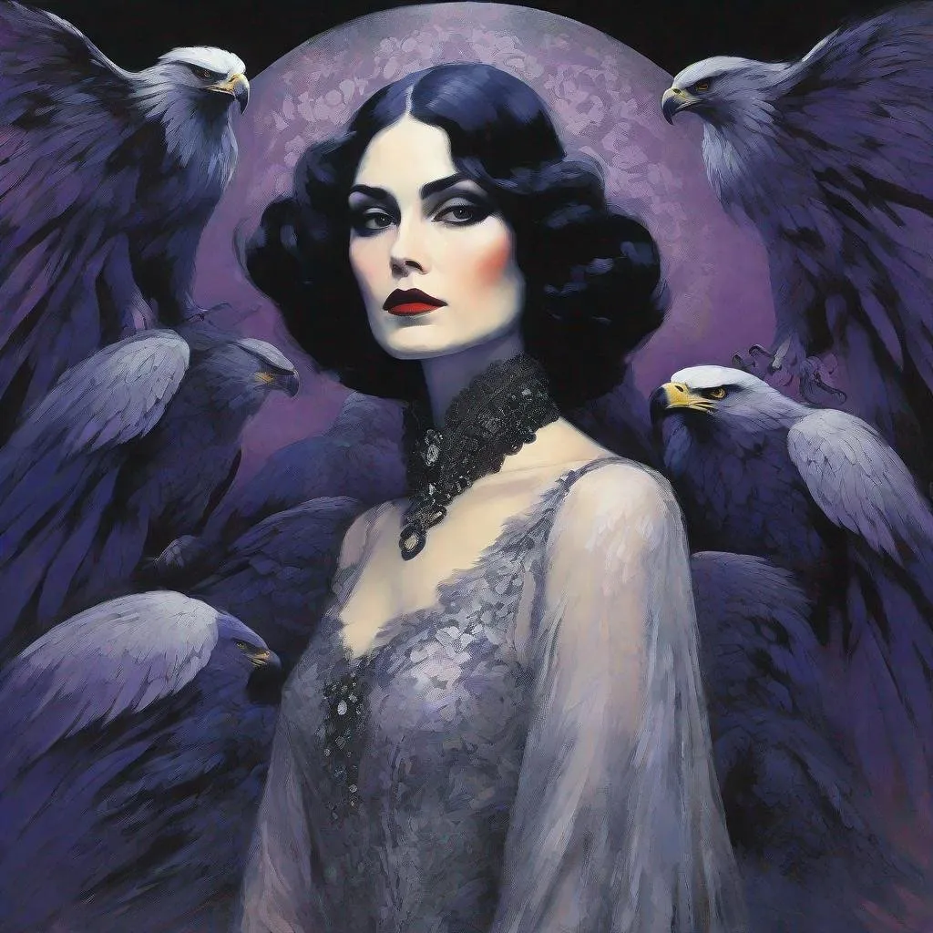 Prompt: Use style of Kees van Dongen, Omar Galliani, Maciej Kuciara, Sue Reno: Dim lighting, Gloomy atmosphere, Gothic pale woman with dark silver hair and violet eyes, surrounded by a circular formation of nine realistic, solemn big eagles with detailed feathers. The woman is centered and wears a long lace black dress with a high neck and long sleeves. Her attire includes an intricate golden embroidery with an elaborate design. The background is a smooth, dark gradient with subtle golden elements that echo the top arch of a halo or ornate frame.