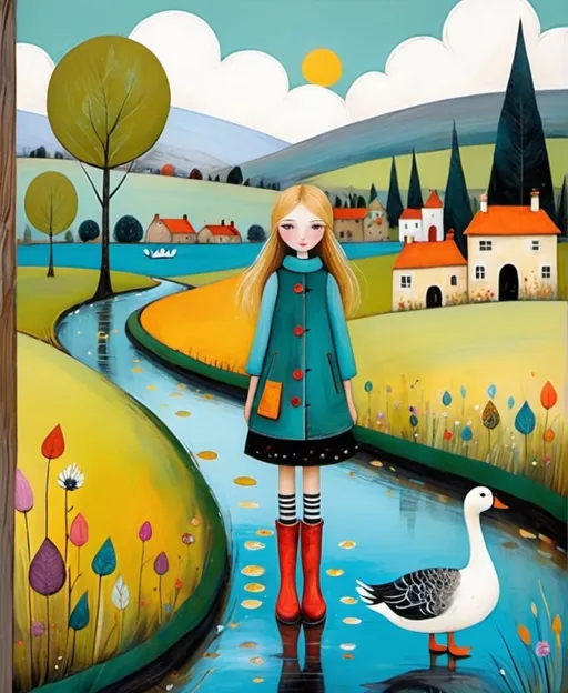 Prompt: tetyana erhart art, Anna Silivonchik art, Sam Toft art, a pretty cute girl and a goose wearing colour rubber boots in a whimsical landscape 