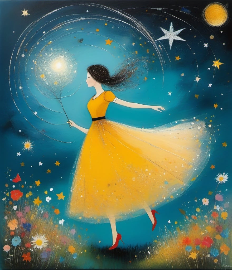 Prompt: Art by Sandra Boynton, Sam Toft, David Downton, Sophie Delaporte, Yvonne Coomber, Sergei Diaghilev, Dan Colen, Jan Brett, Figurative art, impasto dry brush: The beautiful girl, she glimpses dreams washed in golden rain, each sunrise whispers secrets untold, in silent reverie, she dances with stars, yearning to break free from earthly bars to the cosmic tale, let her wander, let her dream, for within her soul, a wild gleam, to unlock the infinite.