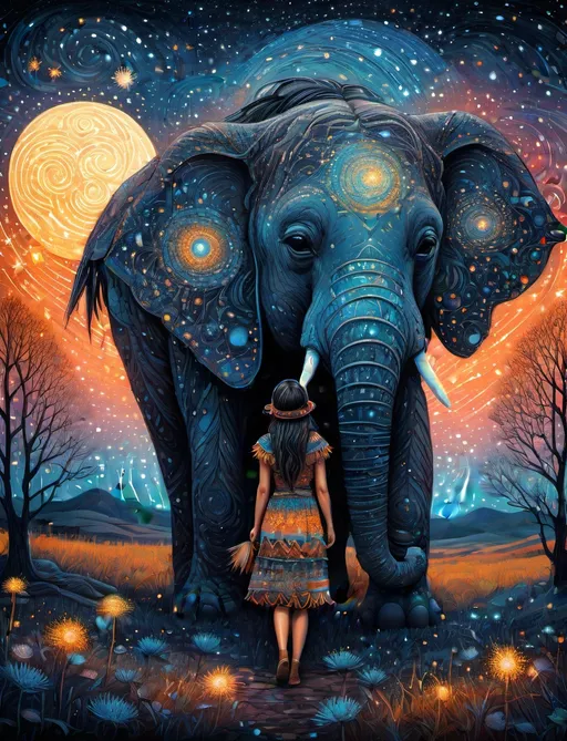 Prompt: The native american pretty girl wearing her starry clothes with her cute elephant friend. In style of james r eads,  Sam Toft, Anna dittmann, Justin Gaffrey, John Lowrie Morrison, Patty Maher, John Ruskin, Chris Friel, van Gogh. 3d, extremely detailed, intricate cinematic lighting, high definition 