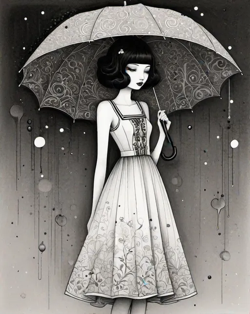 Prompt: A black and white illustration with a woman wearing a dress and umbrella, in the style of jeremiah ketner, hayv kahraman, gabriel pacheco, raw vulnerability, naive charm, line and dot work 

