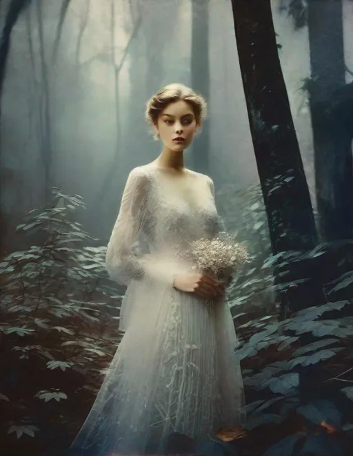 Prompt: Lovely pretty beautiful young lady, beautiful face, in a magical ghostly forest art art by  Edward Steichen, Yves Saint-Laurent, Paolo Roversi, Thomas Edwin Mostyn, Hiro isono, James Wilson Morrice, Axel Scheffler, Gerhard Richter, pol Ledent, Robert Ryman. Guache Impasto and volumetric lighting. Mixed media, elegant, intricate, beautiful, award winning, fantastic view, 4K 3D, high definition, hdr, focused, iridescent watercolor and ink