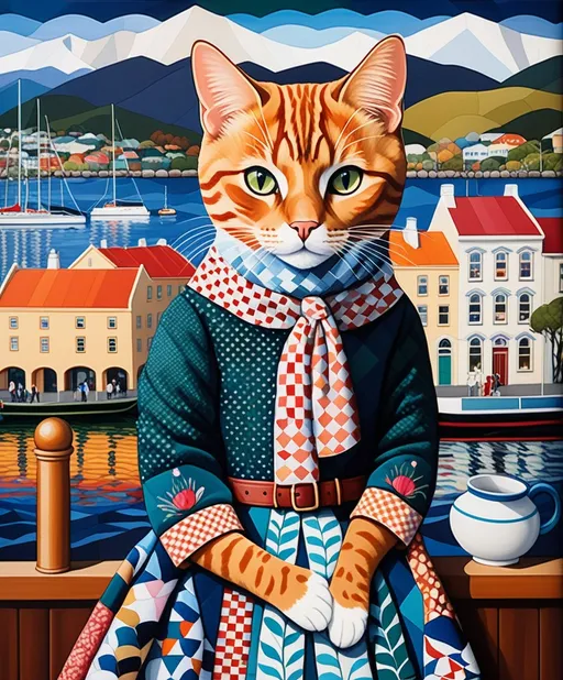 Prompt: fashion photography , Hobart harbour with cats, with view of Mount wellington, in the style of gait folk art-inspired illustrations, bold patterned quilts, bloomcore, mixes painting and ceramics, precise, detailed architecture paintings, cute and dreamy, illustration by Olga suvorova, maximalism , attention to details, shimmering beauty 