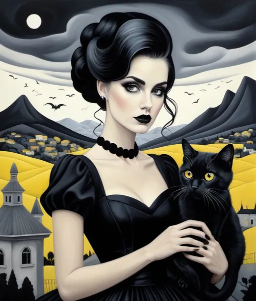 Prompt: Megan Hess, Paulo Zerbato, Jessica Galbreth, Ruben Ireland, Paolo Uccello, Ghostly beautiful eccentric girl, rockabilly fashion hair style, wearing a strange asymmetrical black dress with white random stitches, holding a creepy cute yellow cat, a encaustic gothic dreamy landscape background, Stormy grey sky by Sam Chivers, piercing odd colored eyes