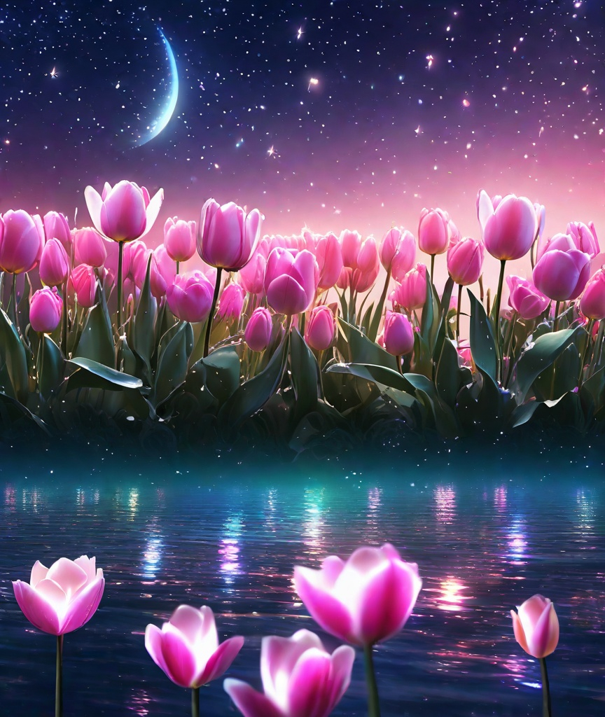 Prompt: The beautiful night sky panorama shines brightly. The boundless, colorful and luminous sea of tulips glows on the horizon, with lighting effects creating a soft and smooth magical particle, dreamy, ultra-clear, 4K, romantic, fairy-tale atmosphere. Pink roses floating on the water surface, starlight, aurora, art website trends, HD - v4, luminous. 