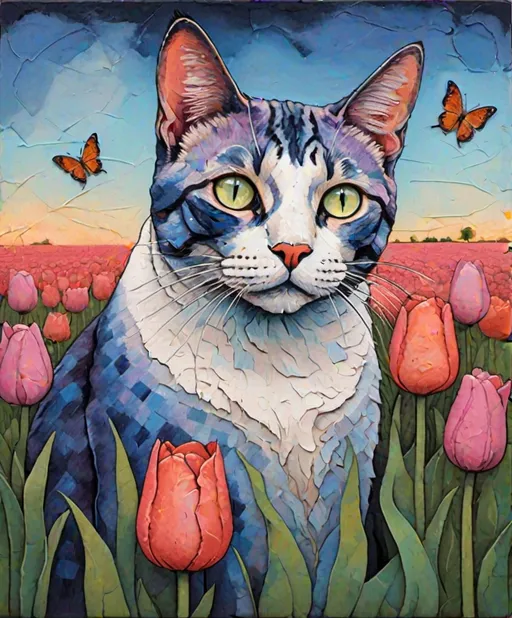 Prompt: Marc Johns, Javier Mariscal, Monica Blatton, Luminous encaustic texture, gradient bold crossed colors, an expressive beautiful cat profile looking up with a butterfly perched in its nose, in a field of tea rose and periwinkle tulips, piercing odd colored eyes, twilight sky.