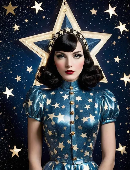 Prompt: vaudeville girl with asterism stars in fornasetti style, by laurie simmons and  Andy Gilmore