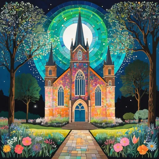 Prompt: an artwork depicting a church with beautiful bioluminescent neon stained glass windows, in the style of lucy grossmith, kitsch aesthetic, jonas lie, bright palette, rui palha, meticulous details, nabis, Olivia Gibbs, in the style of bold patterned quilts, soft yet vibrant, cute and dreamy, pattern-based painting, bright spring colors, windows vista, quirky characters and objects, use of vintage imagery, Victoria Ball