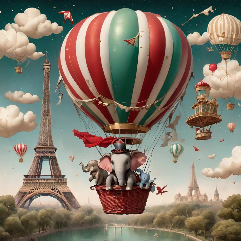 Prompt: A whimsical, fantastical scene set at twilight with a large red and white striped hot air balloon in the sky. Attached to the balloon, instead of a basket, there's a seat where an elephant is flying. The elephant is adorned with a red blanket with gold trimmings and has a person in a red jacket and post rider hat astride it, holding reins. Another individual in a green coat and hat is seated beside the elephant, perhaps on a floating platform, observing the surroundings. Below them, the Eiffel Tower stands tall amidst floating paper airplanes. The atmosphere is magical, with a clear blue sky speckled with stars, and the overall color palette is in warm sepia tones, lending a vintage look with steampunk gantry elements.